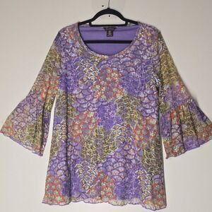 Multiples Bell Sleeve Tunic Top Purple Mesh Lace Boho Artsy Festival Retro Sz M